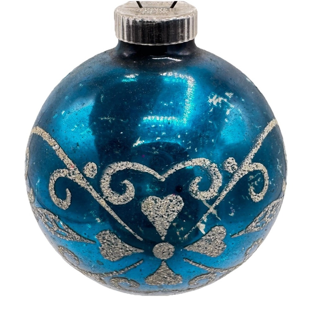 Vintage Shiny Brite Blue Glitter Stencil Glass Ornament West Germany